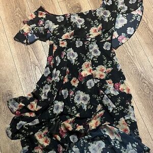 ASOS Black Floral Asymmetrical Dress ruffles and layered back zipper